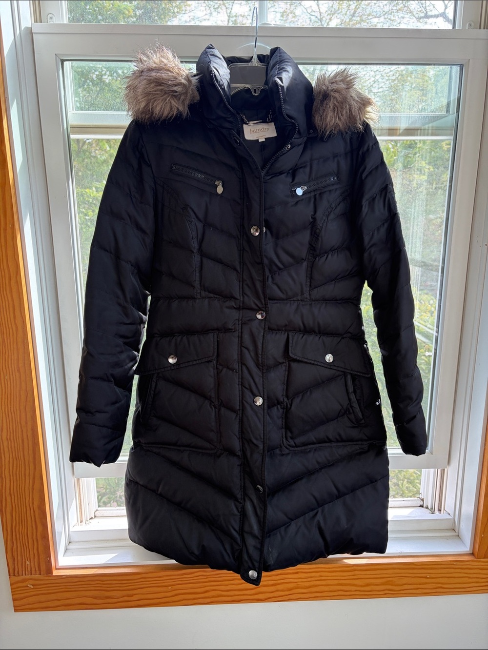 Laundry by Shelli Segal Black Puffer Down Coat Faux Fur Hood Size Medium